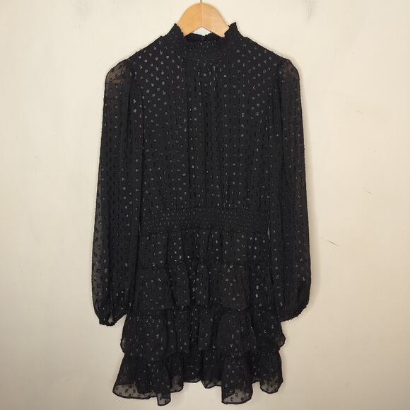 Express Black Chiffon Tiered Mini Dress Long Sheer Sleeve - Picture 1 of 13